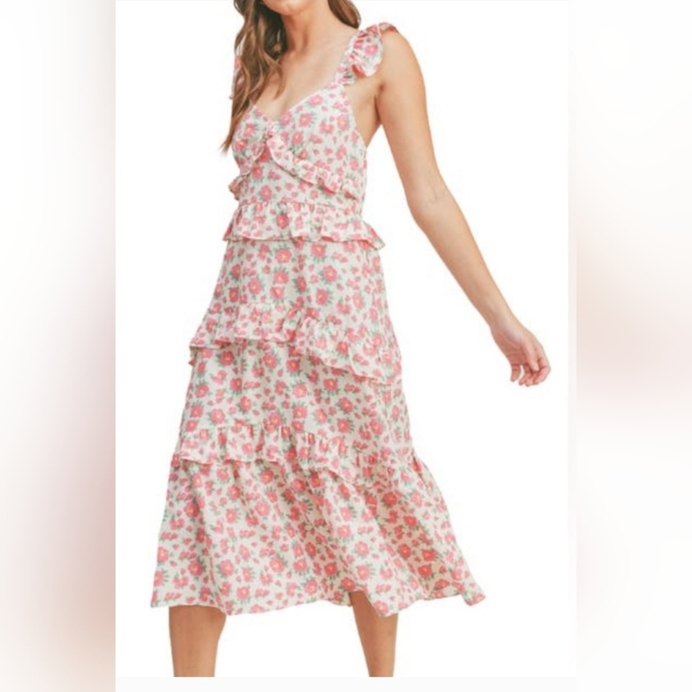 Lush Floral Tiered Ruffle Midi Dress